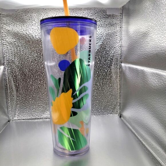 NWT! Starbucks 2020 Blue Green Palm Leaf Summer Venti Cold Cup Tumbler 24 oz - Picture 1 of 3